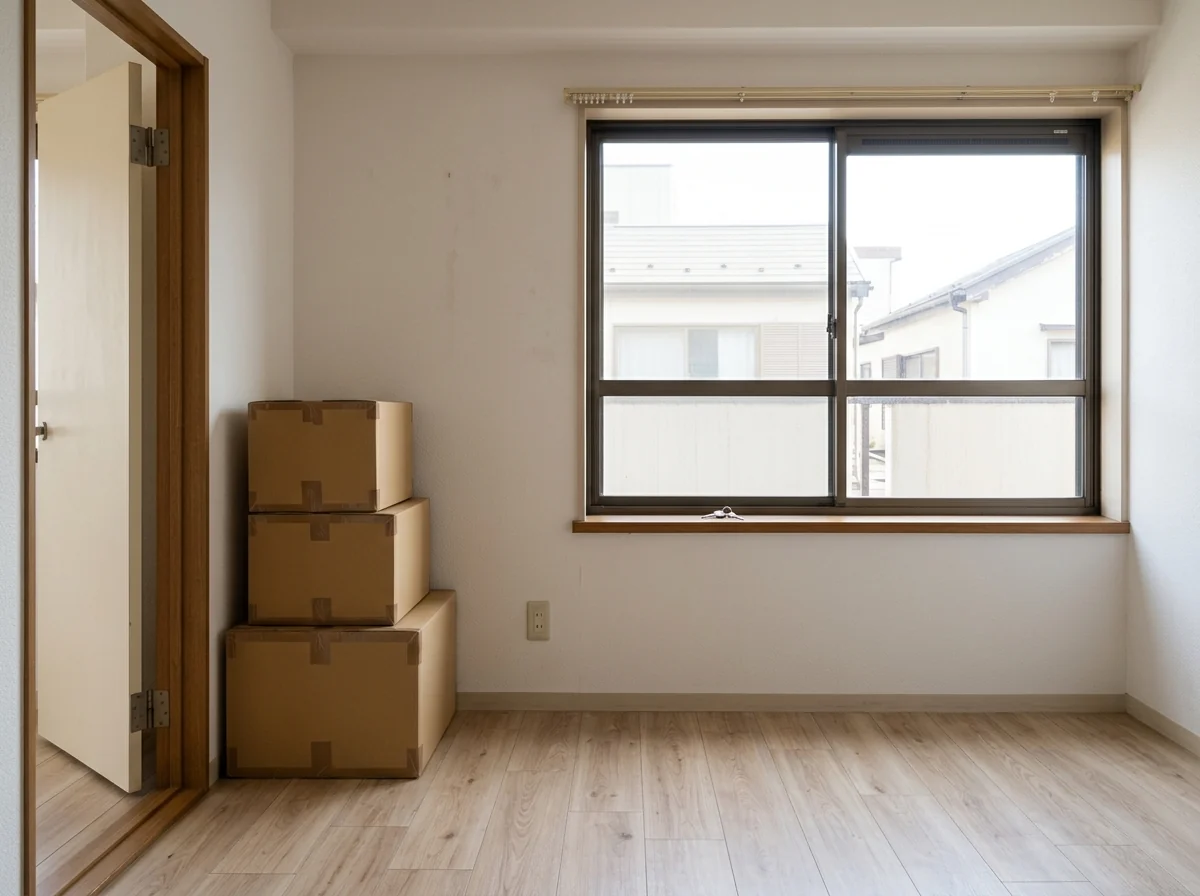 家具を運び出した賃貸アパートの部屋と、ドアの横に積んだ段ボール箱