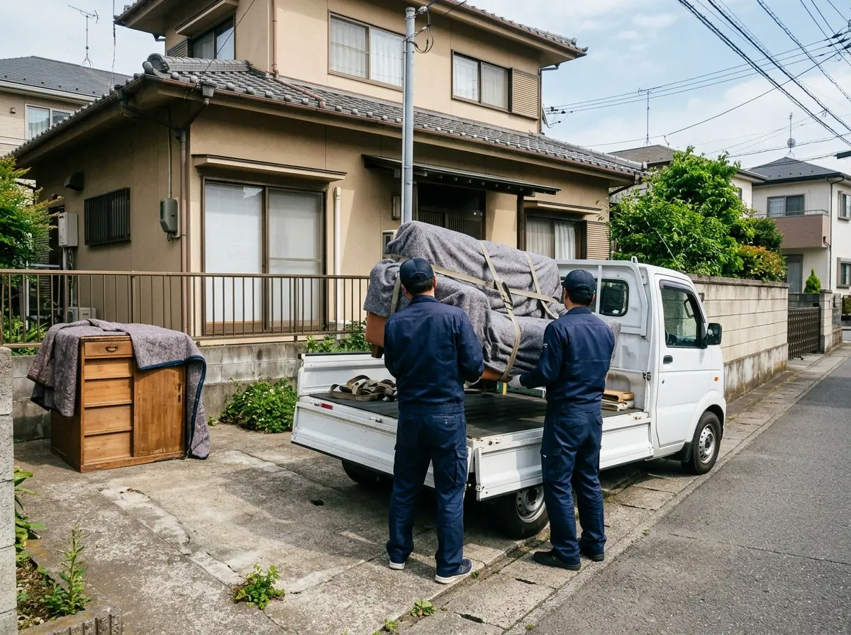 布で包んだソファーを、文字のない軽トラックの荷台へ積み込んでいる様子