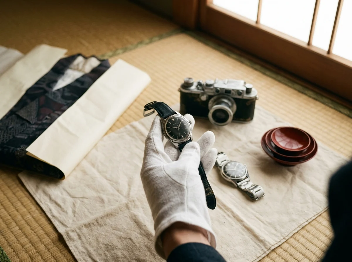 たとう紙に包んだ着物と帯、古いフィルムカメラと腕時計を並べて確かめる手元