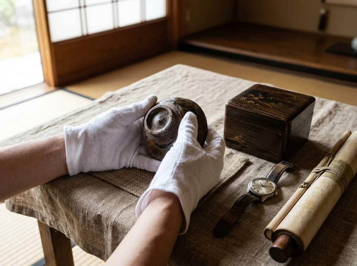 白手袋で古い茶わんを確かめる手元と、漆の箱・腕時計・掛け軸