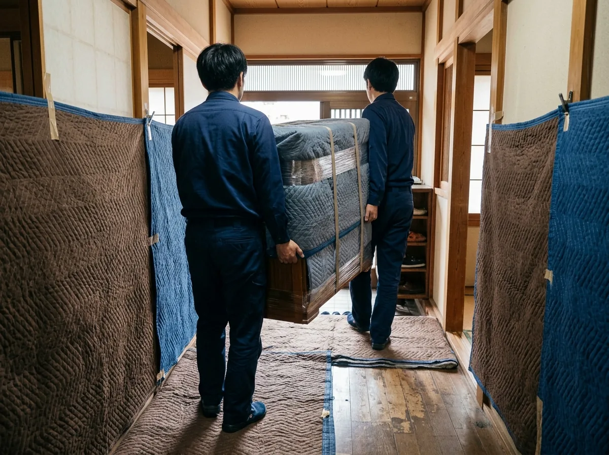 壁と床を養生した廊下で、布で包んだたんすを二人で玄関へ運び出す様子