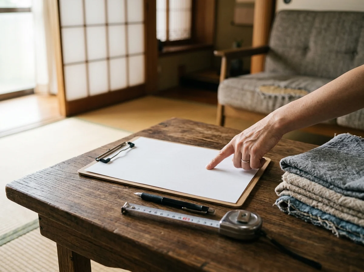 見積もり用のクリップボードとメジャーを置いた座卓と、紙を指さす手