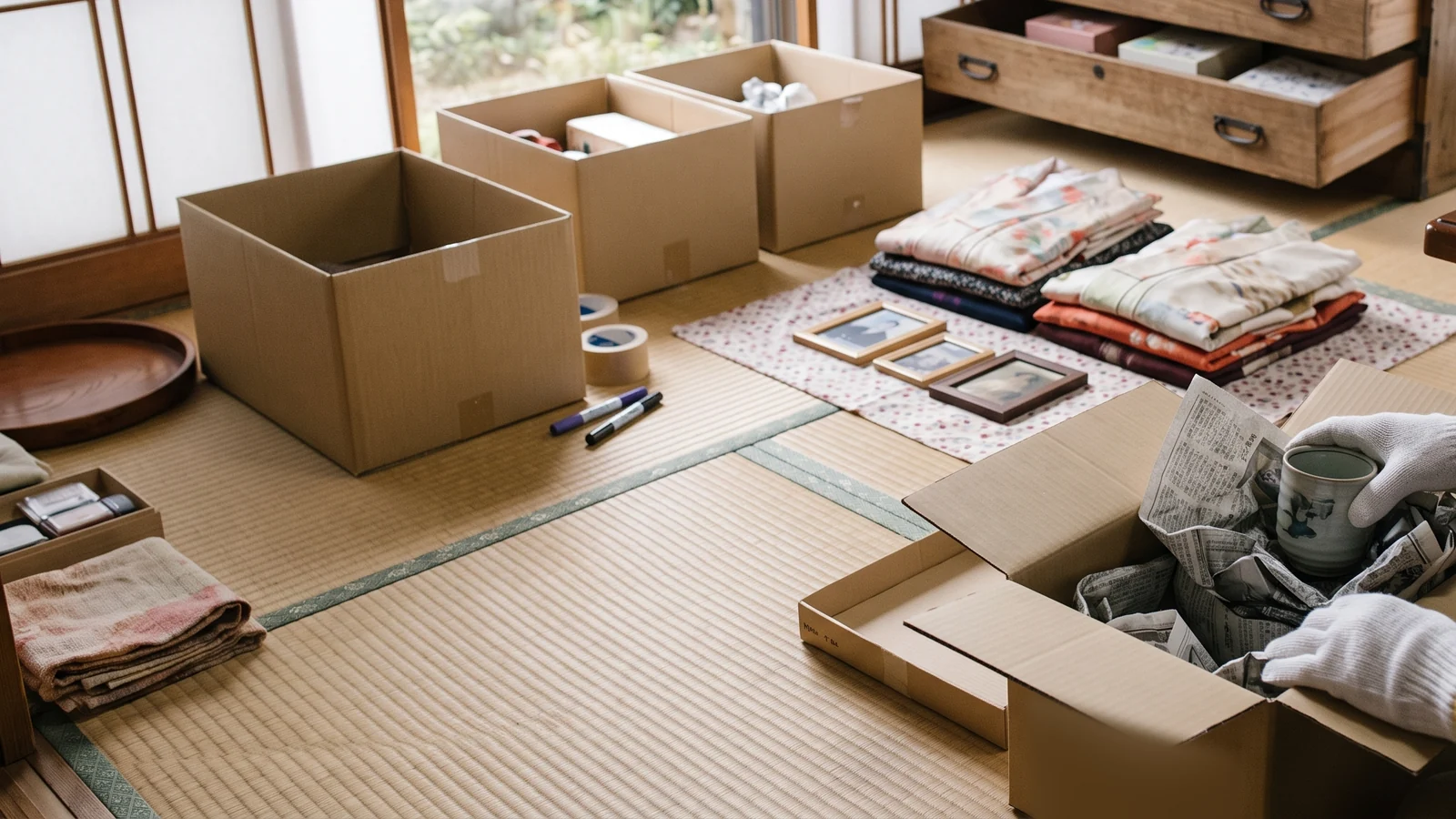 和室で段ボール箱に遺品を仕分けている様子。手袋をした手が紙で包んだ湯のみを箱に入れている