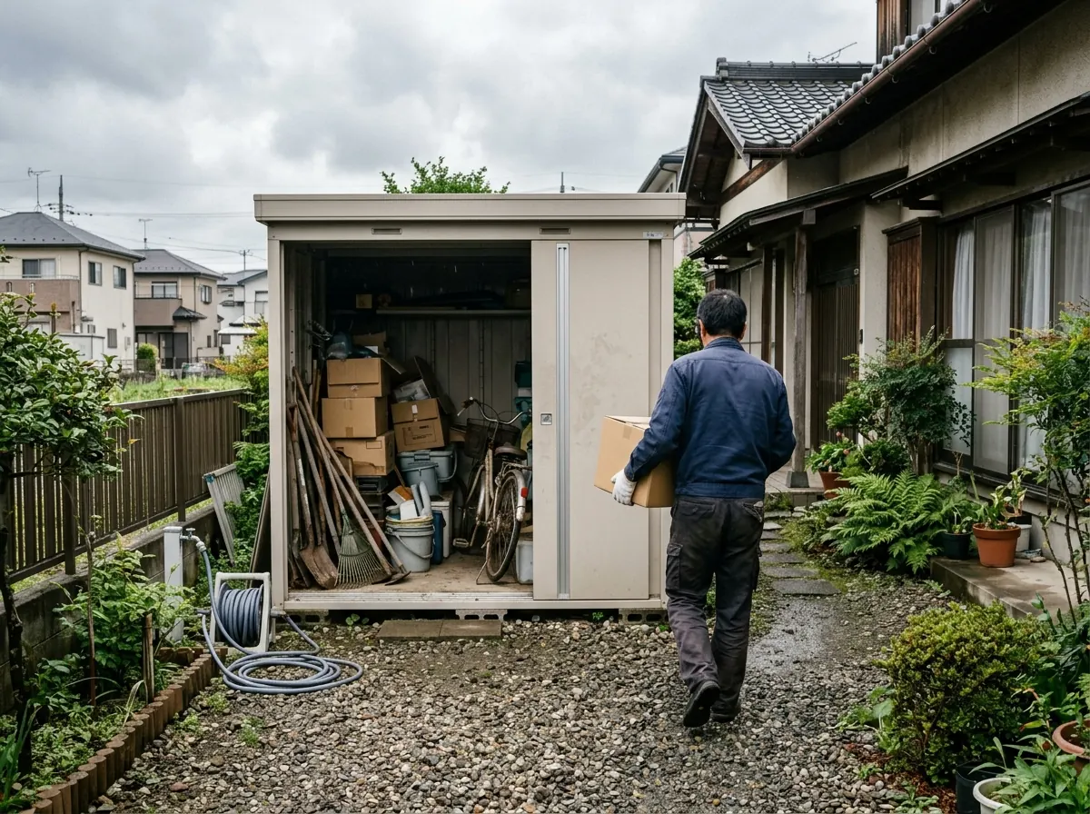 一軒家の庭の物置から、古い道具や箱を運び出している様子