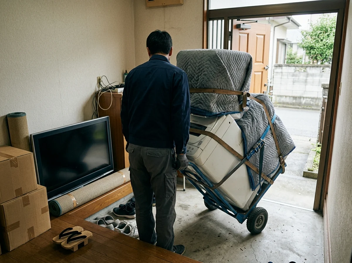 養生して台車に載せた冷蔵庫と洗濯機、壁に立てかけた薄型テレビ