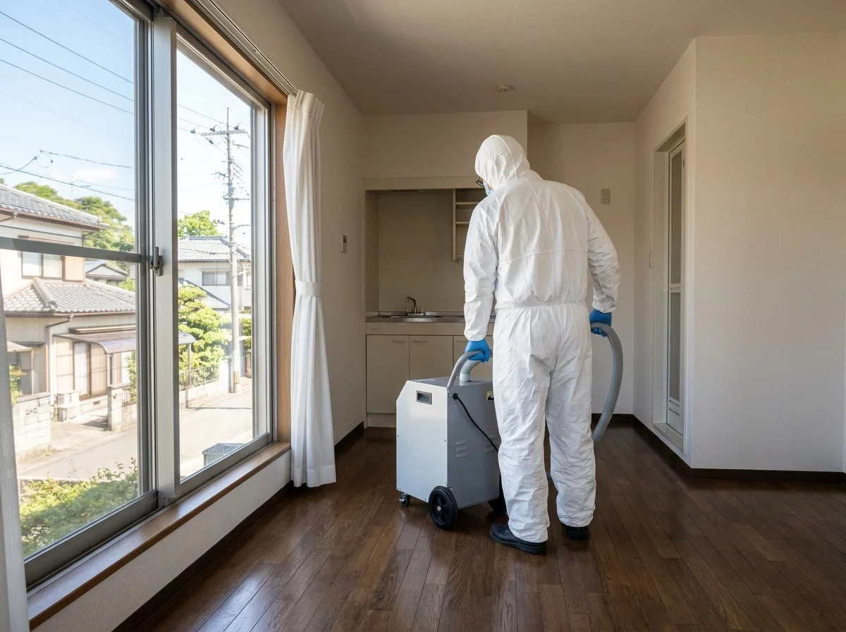 窓を開けた空室で、防護服の作業者が脱臭機を使っている様子